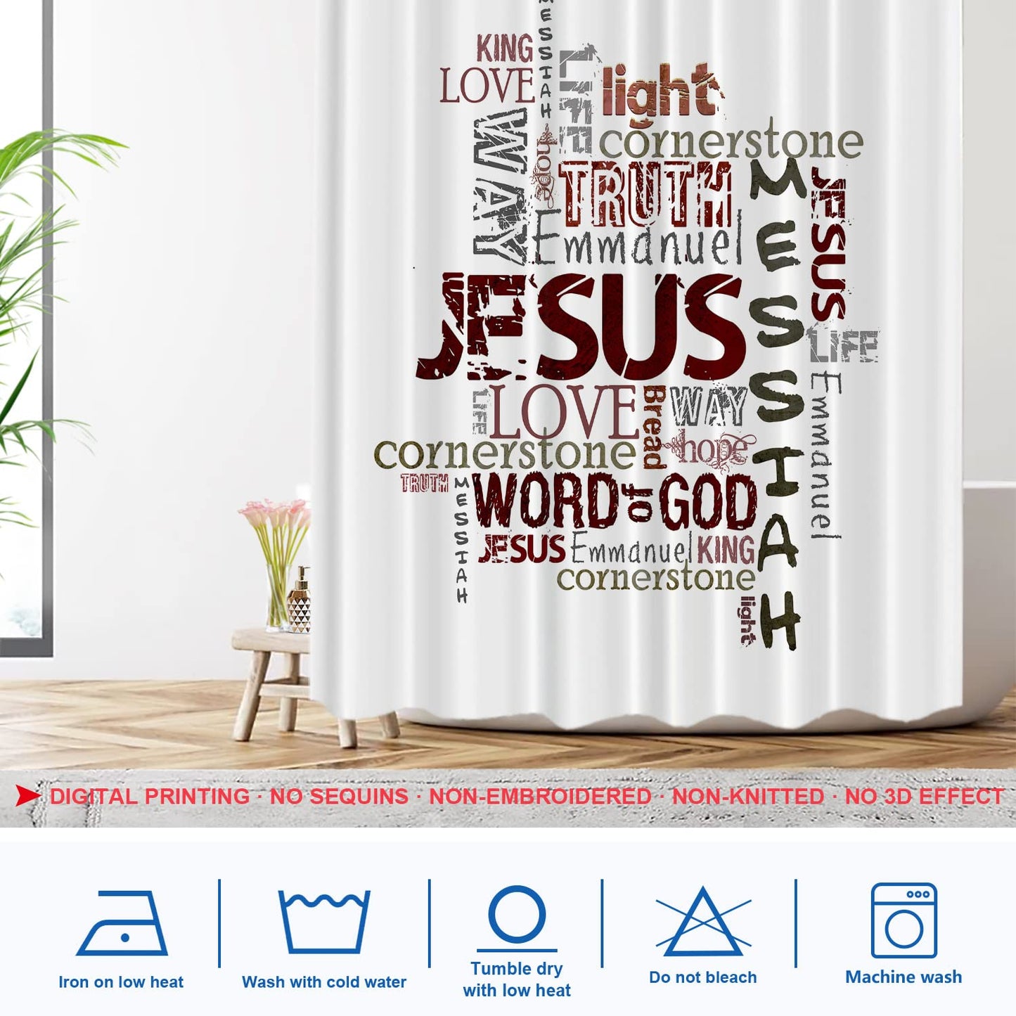 Shrahala Words White Decorative Church Love Shower Curtain, 72x72 Inch Waterproof with Grommets