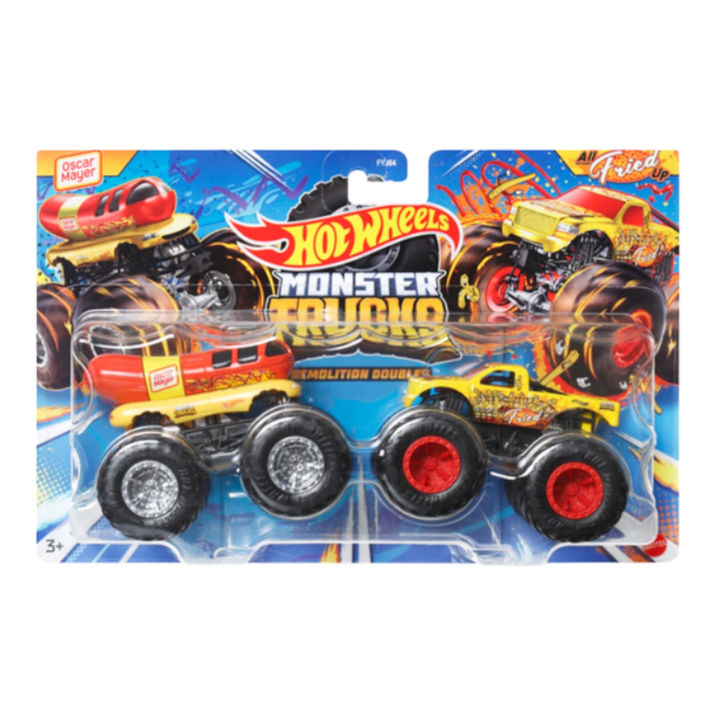 Hot Wheels Monster Trucks Demolition Doubles Oscar Mayer Weinermobile Vs All Fried Up 2 Pack. 1:64 Scale.