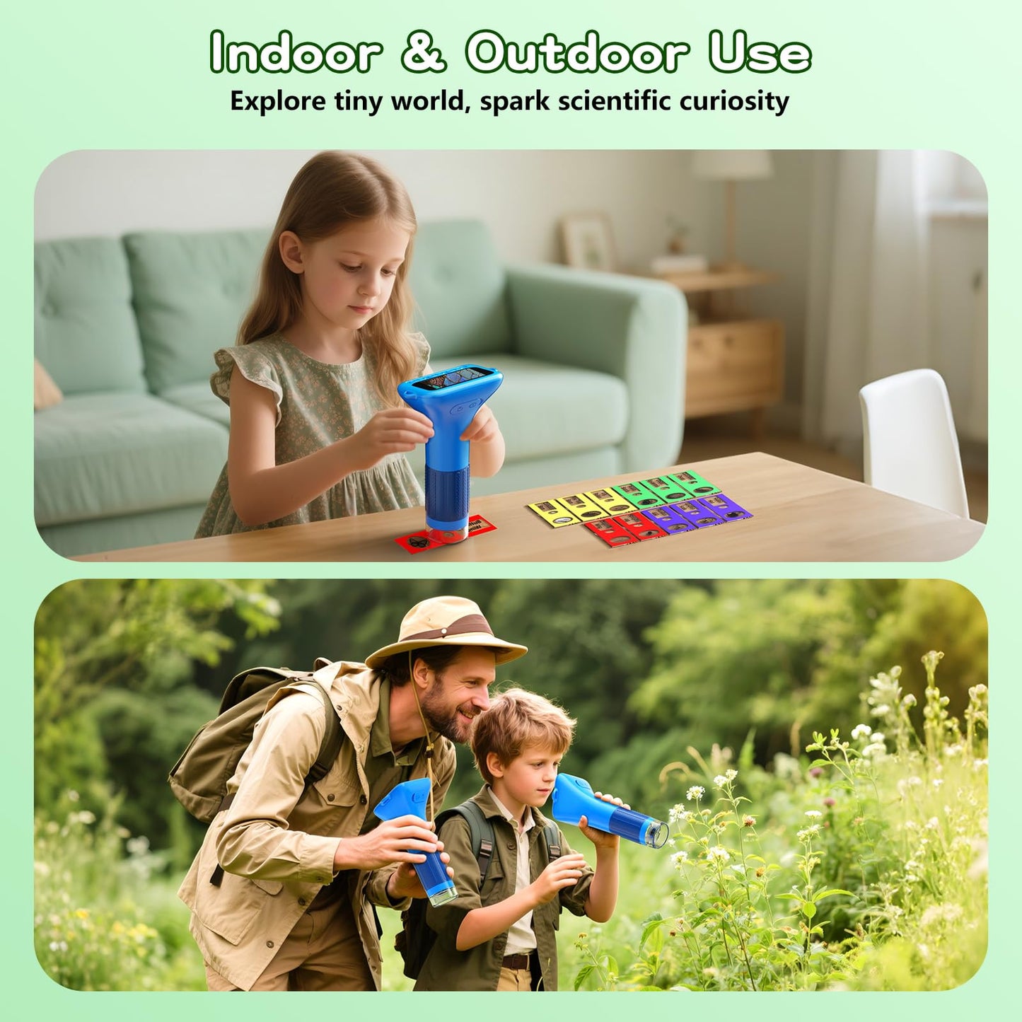 Odatay Kids Microscope – 100x-1000x 1080P Digital Handheld with 12 Slides, Portable Science Toy Gift for Boys & Girls Ages 3–12, Blue