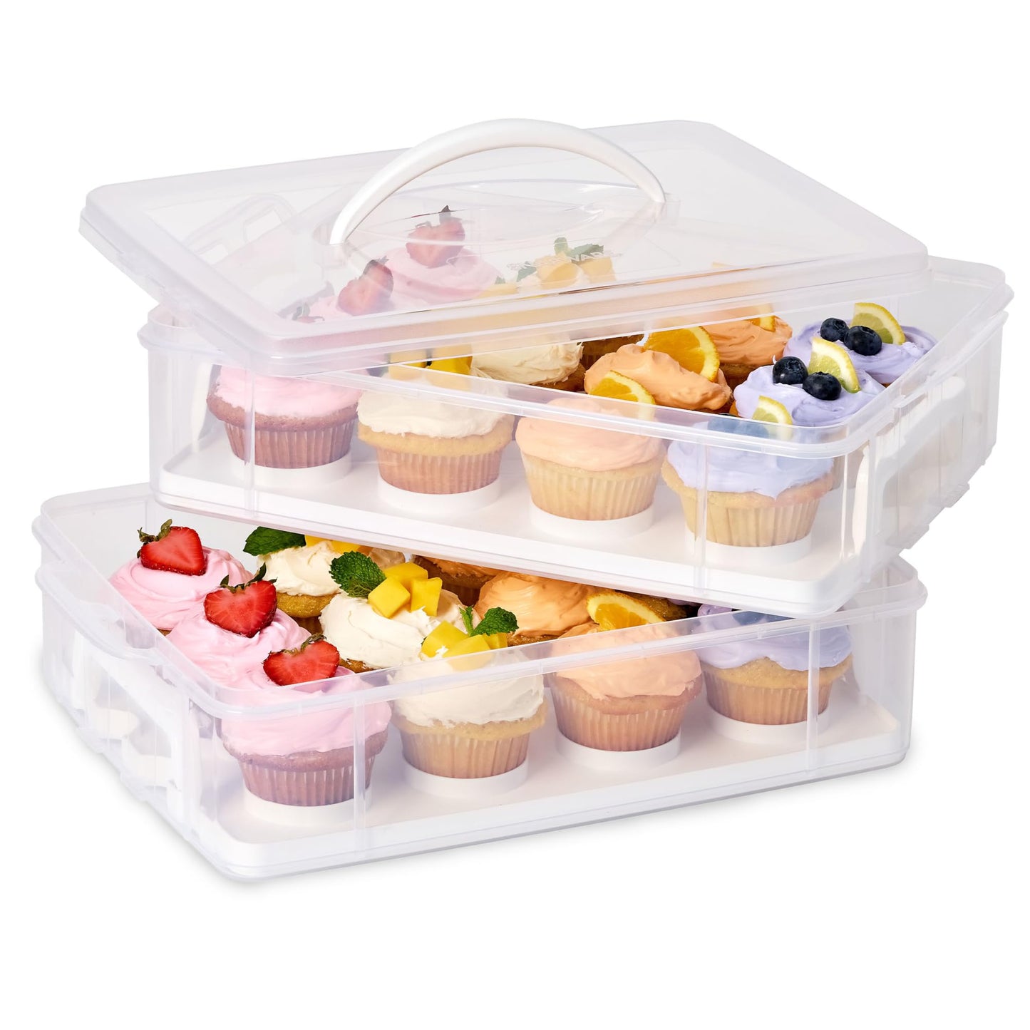 Snapware (2-Layer, 24 Cupcakes Plastic Detachable Cupcake Carrier Storage Container With Lid and Handle, Freezer Dishwasher Microwave Safe