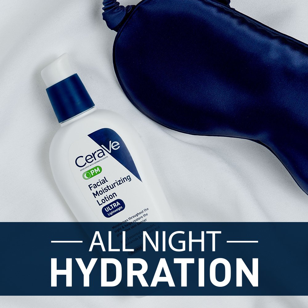 CeraVe PM Facial Moisturizing Lotion | Night Cream with Hyaluronic Acid and Niacinamide | Ultra-Lightweight, Oil-Free Moisturizer for Face | 3 Ounce
