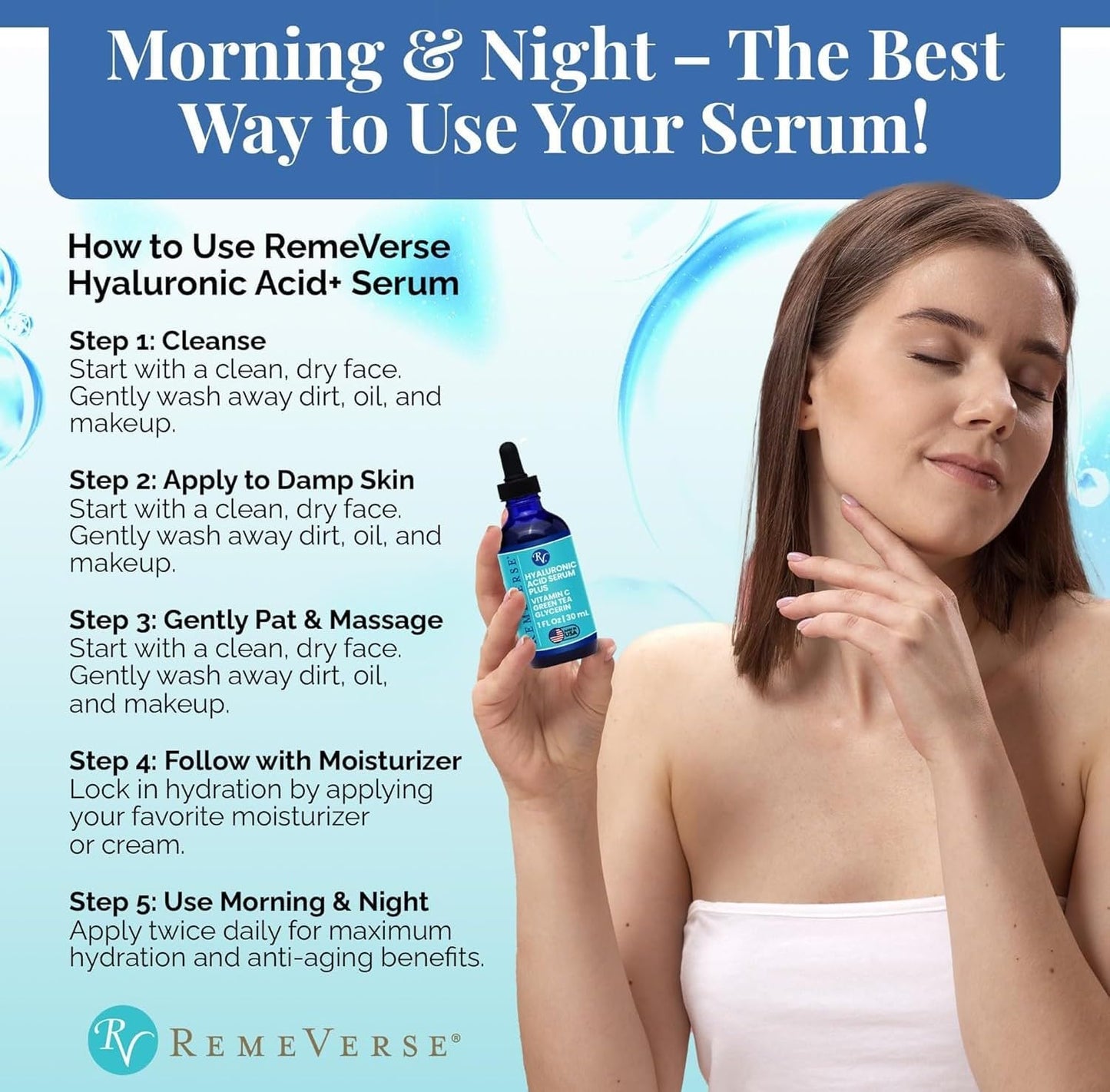 RemeVerse Hyaluronic Acid Serum with Vitamin C & Green Tea Extract - 100% Pure Formulation for Face, Lips & Décolleté - Intense Moisture for Dry Skin