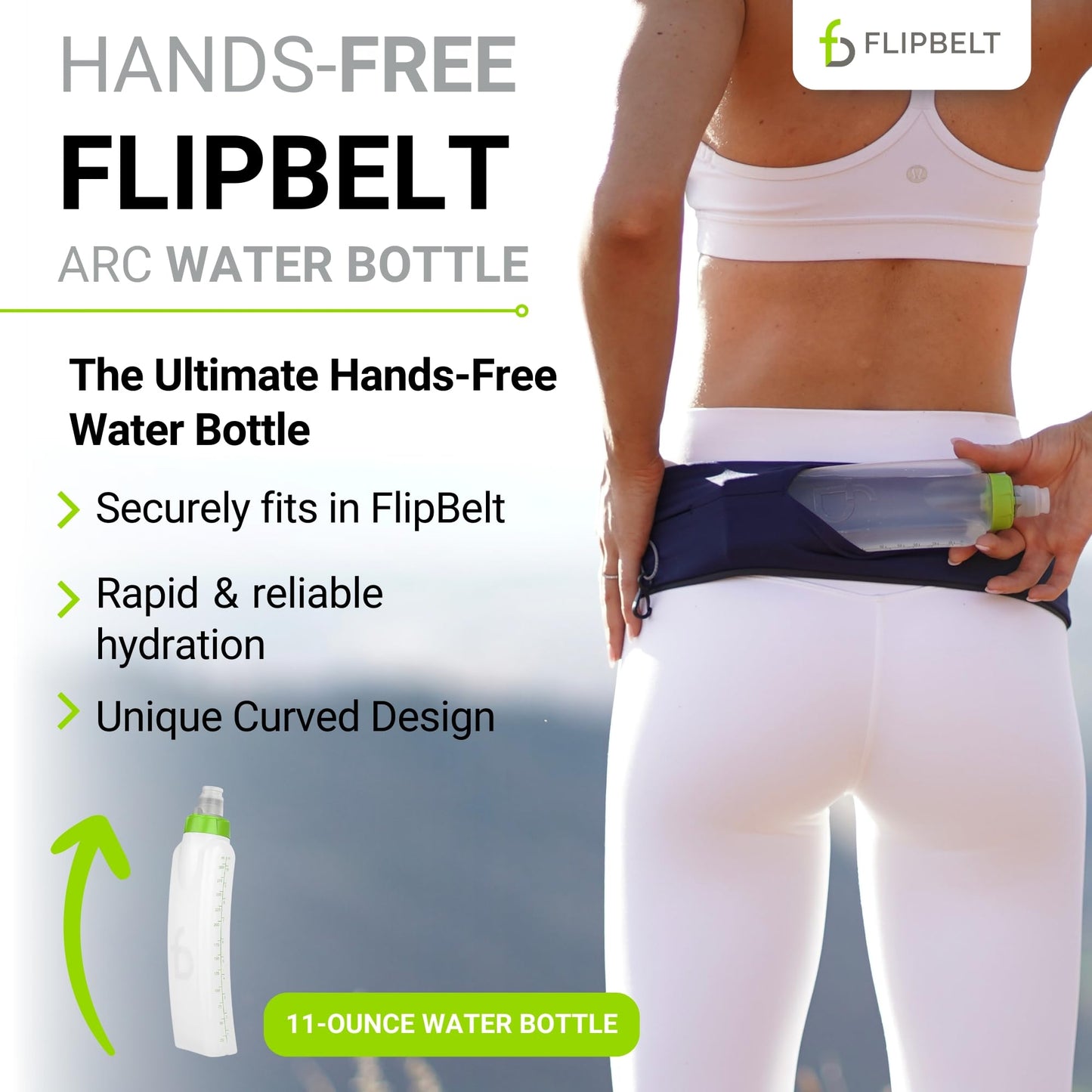 FlipBelt Arc Water Bottle for FlipBelt Running Belt, Curved Hydration Running Bottle, 11 Fl. Oz, Green