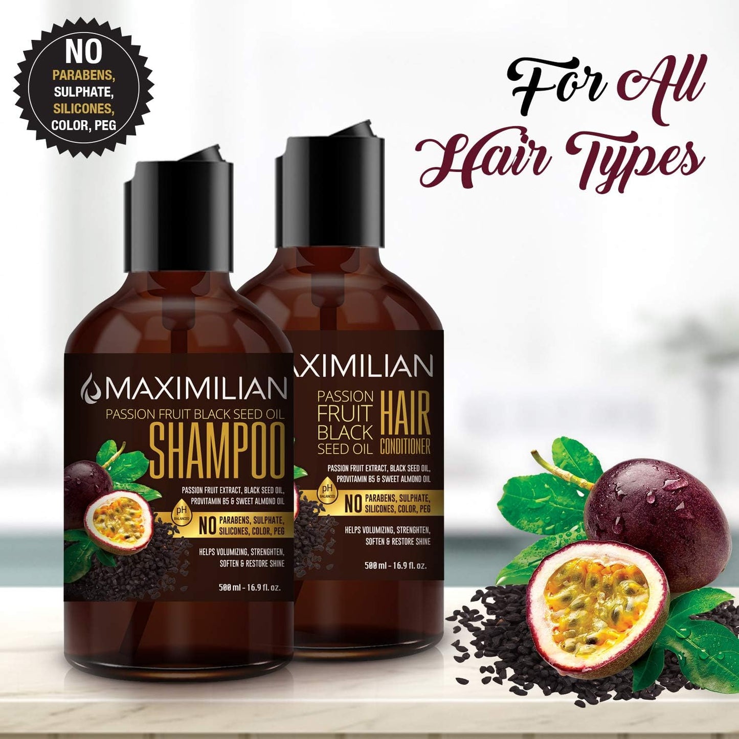 Maximilian Passion Fruit Black Seed Oil Curly Hair Shampoo and Conditioner Set- Extra Volumizing, Strengthing, Moisturizing, Hydration and Shine