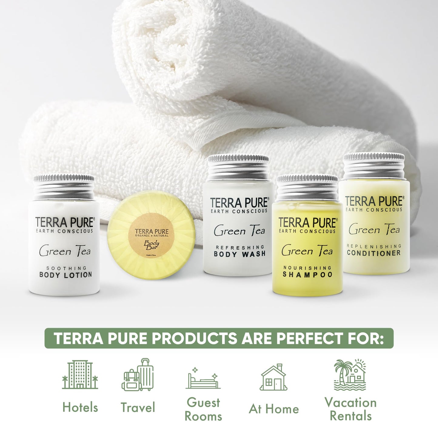 Terra Pure Hotel Soaps & Toiletries Bulk Set | 1-Shoppe Amenities Kit | 1oz Shampoo & Conditioner, Body Wash, Lotion, 1.25oz Bar Soap | Travel Size |