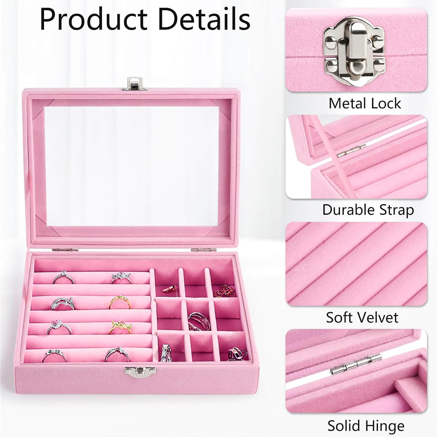 XINHONGJIN Velvet Jewelry Box, Jewelry Box, Watch Storage Box Necklace Ring Earring Storage with Lid, Antioxidant, Adjustable (pink)