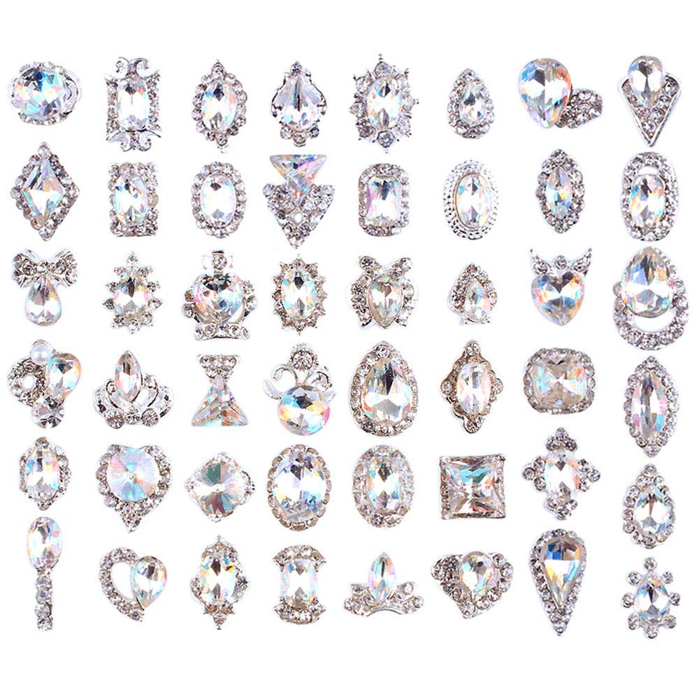 48PCS 3D Luxury Nail Art Rhinestones Nail Diamonds Glass Crystal AB Metal Gems Jewels Stones for DIY Nail Art Work Design Decoration Craft Jewelry