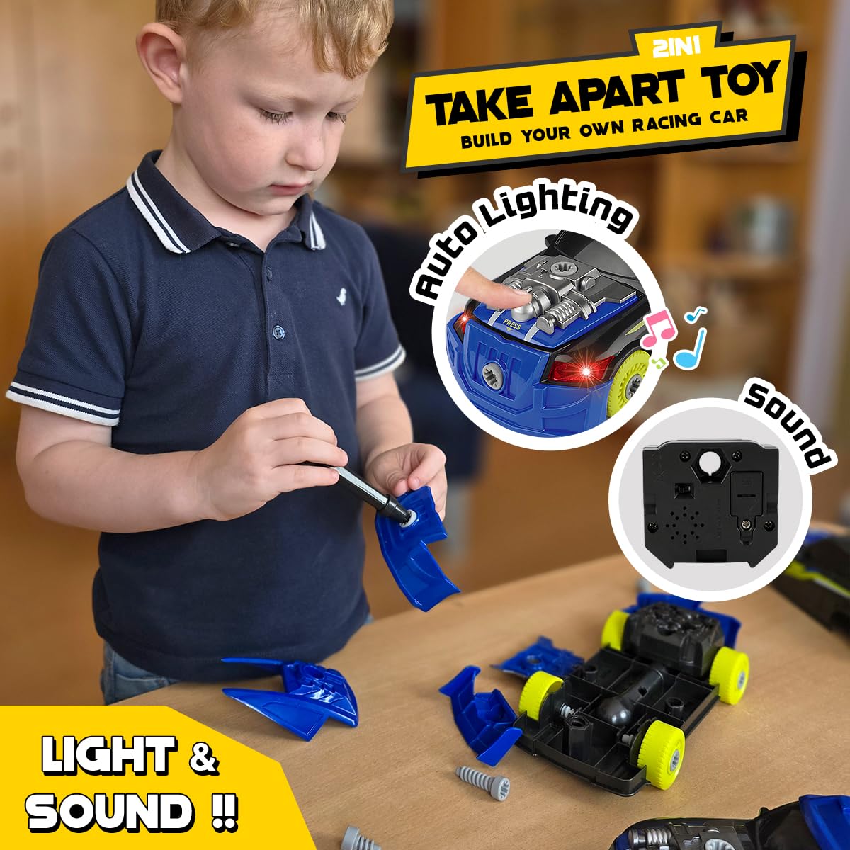 GILOBABY 26-Piece Take Apart Racing Car – STEM Building Toy with Electric Drill, Lights & Sounds, Educational Gift for Boys Ages 3–5