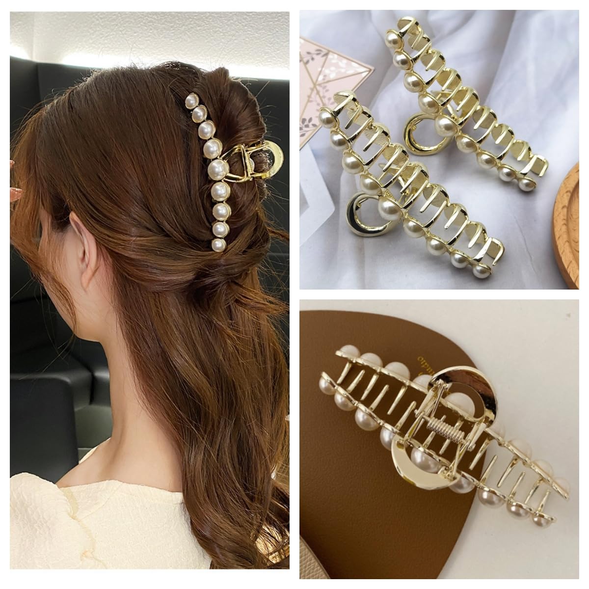 Rhinestone Hair Claw Clips, 4.4 Inch Vintage Metal Imitation Pearl Hair Jaw Clip for Women, Non Slip Hair Clamp Fashion Wedding Party Accessories