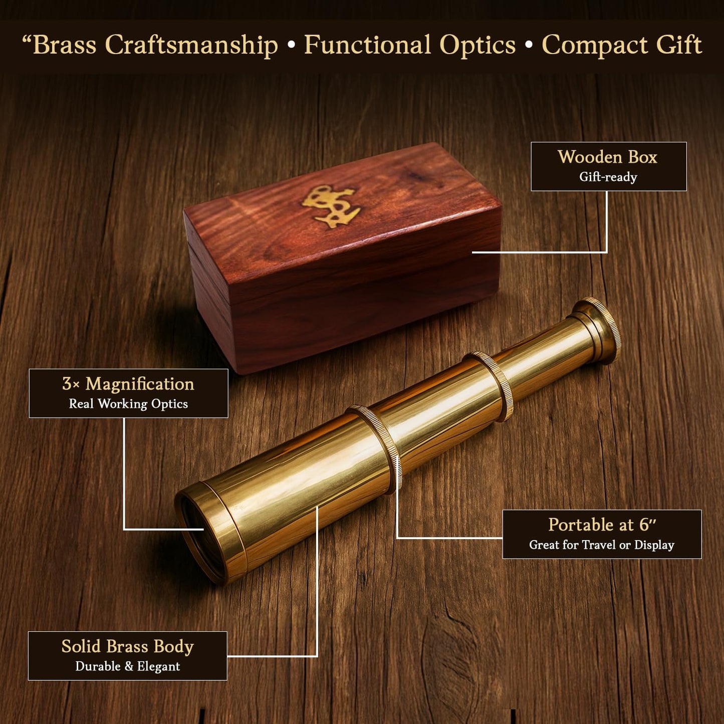 NauticalMart 6" Brass Telescope – Pirate Spyglass with Wooden Box, Nautical Collectible & Decorative Piece for Kids, Adults, Home or Office