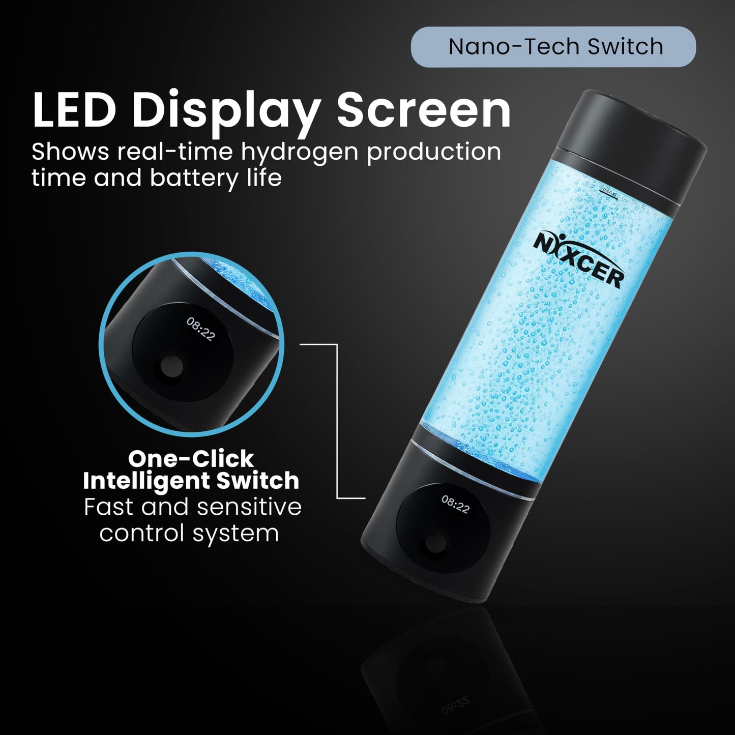 Nixcer Hydrogen Pro Water Bottle - 8000PPB H2, SPE/PEM, OLED Display, Dual Mode (5/10 Min), USB-C Rechargeable - Portable Hydrogen Generator