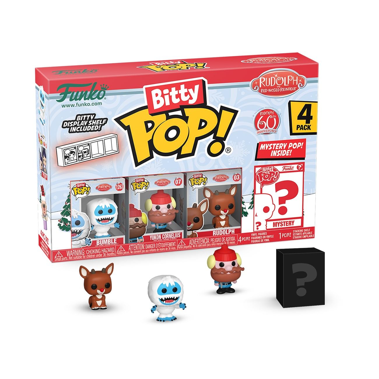 Funko Bitty Pop! Rudolph: Mini Collectible Toys 4-Pack - Bumble™, Yukon Cornelius™, Rudolph®, & Mystery Chase Figure (Styles May Vary)