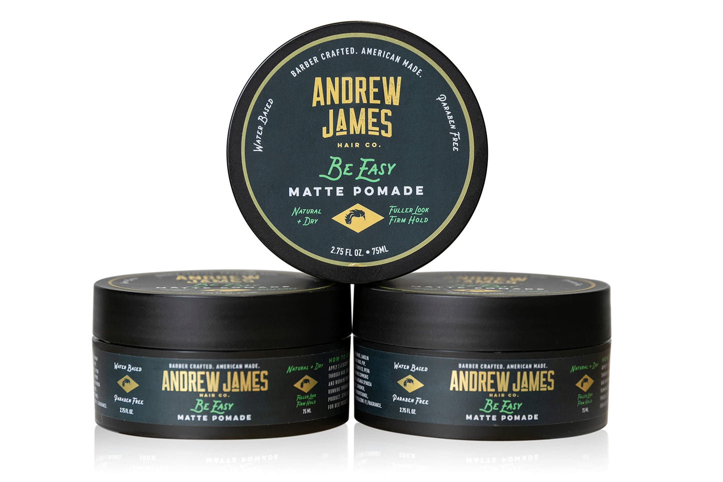 ANDREW JAMES Matte Pomade 3-Pack | Be Easy | 2.75 Ounce Each| Strong Hold | Matte Finish | Natural Look | Provides A Fuller Look | Easy To Wash Out |