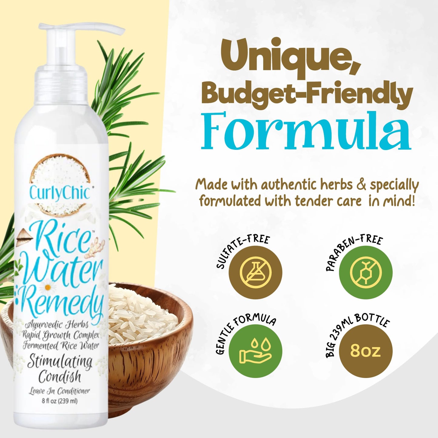 Curly Chic Rice Water Remedy Stimulating Condish - Ayurvedic Herbs, Fermented Rice Water, Lightweight Leave-In Conditioner for Healthy Hair Growth