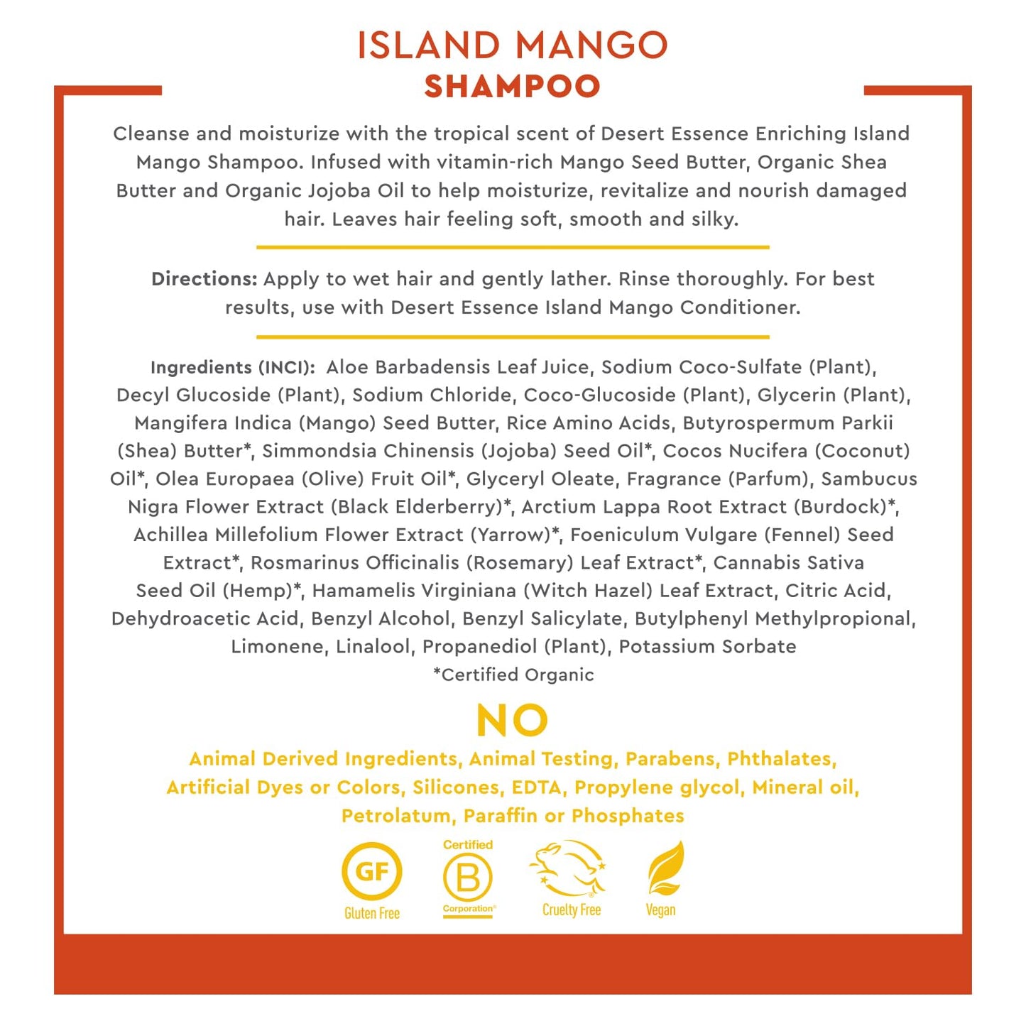 Desert Essence Island Mango Shampoo, 8oz - Rich Repair with Mango Seed Butter, Organic Hemp Oil, Jojoba & Shea Butter - Vegan, Gluten-Free - Tropical