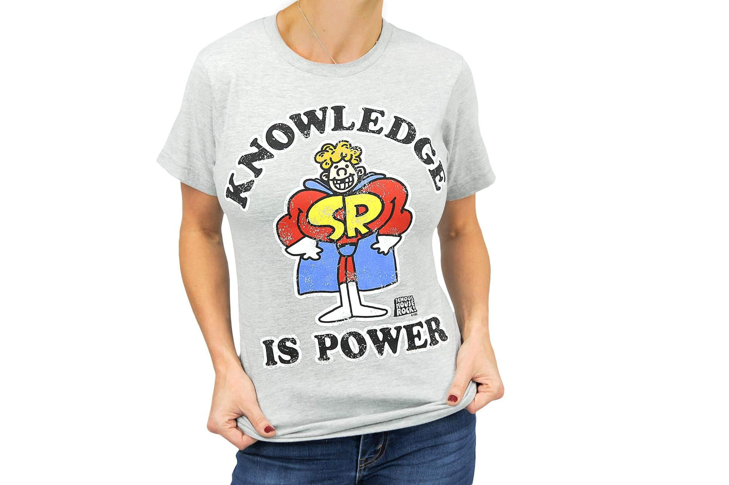 Schoolhouse Rock! Knowledge is Power Adult T-Shirt - Grey, Light-Weight, Short-Sleeve, Unisex, Crew Tee - Features Schoolhouse Rocky Caped Superhero