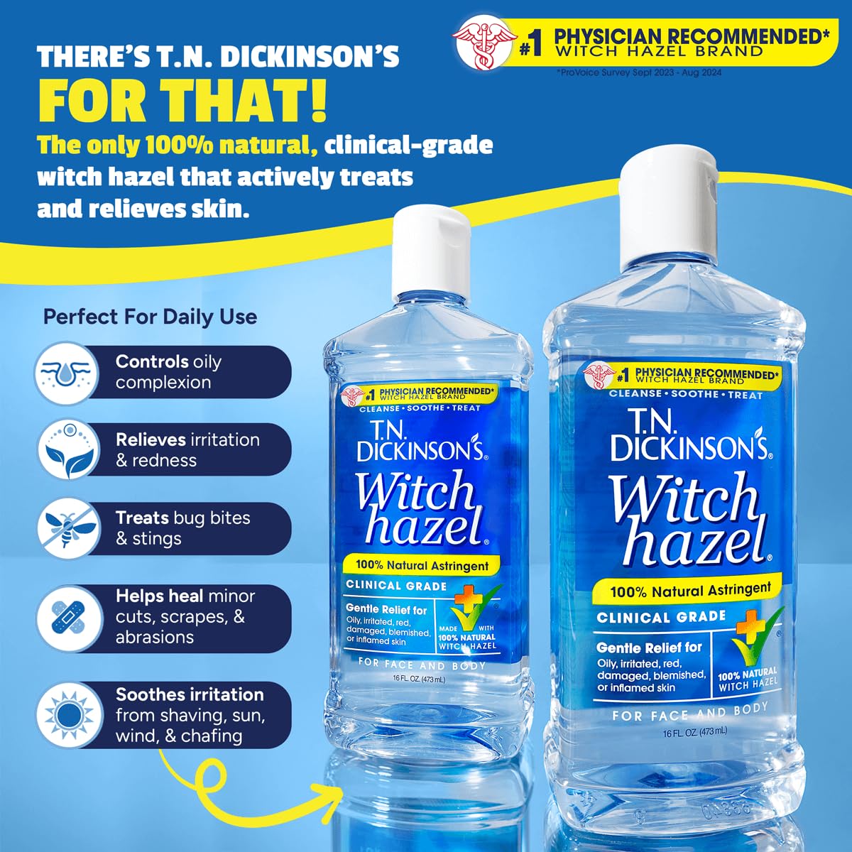 T.N. Dickinson’s Witch Hazel Astringent 8 oz – 100% Natural, Fragrance-Free | Clinical Grade Formula to Cleanse & Soothe Face & Body Skin
