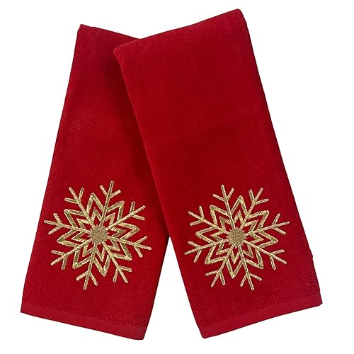 Serafina Home Christmas Hand Towel for Bathroom - Set of 2 Red 100% Cotton - 25 x 16 Embroidered Gold Snowflake Design - Bath & Kitchen Decor