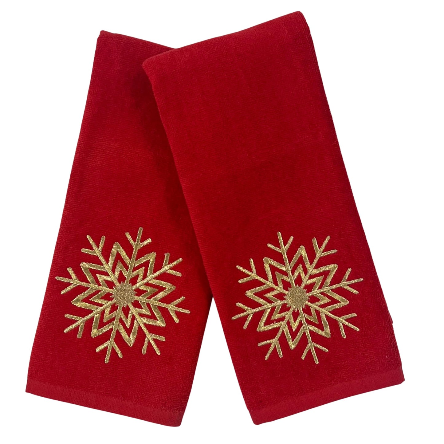 Serafina Home Christmas Hand Towel for Bathroom - Set of 2 Red 100% Cotton - 25 x 16 Embroidered Gold Snowflake Design - Bath & Kitchen Decor