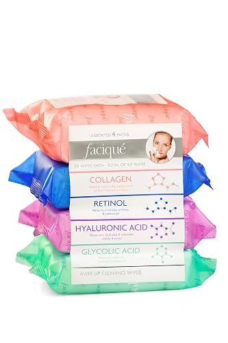 Faciqué Assorted Makeup Cleansing Wipes- Collagen/Retinol/Hyaluronic Acid/Glycolic Acid
