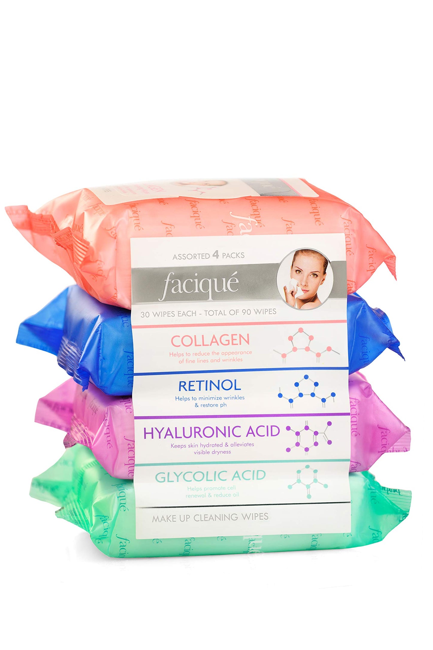 Faciqué Assorted Makeup Cleansing Wipes- Collagen/Retinol/Hyaluronic Acid/Glycolic Acid