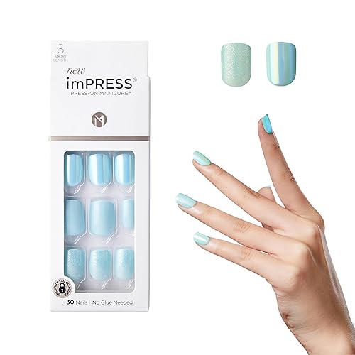 KISS imPRESS No Glue Mani Press On Nails, Design, 'Rain Check', Blue, Short Size, Squoval Shape, Includes 30 Nails, Prep Pad, Instructions Sheet, 1