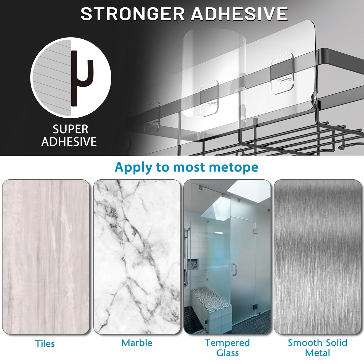 Moforoco Shower Caddy Shelf – Self-Adhesive Black Bathroom Organizer Rack for Wall, RV, Apartment, Home Storage Essentials