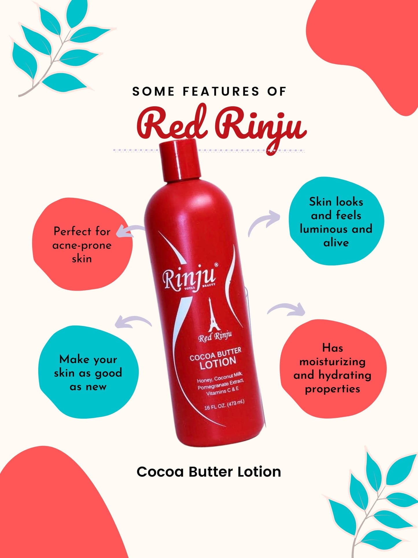 Rinju Cocoa Butter Lotion - Non-Greasy Lotion for Women & Men - 16 oz Cacao Butter Lotion for Extremely Dry Skin - Pomegranate Extracts & Vitamin C
