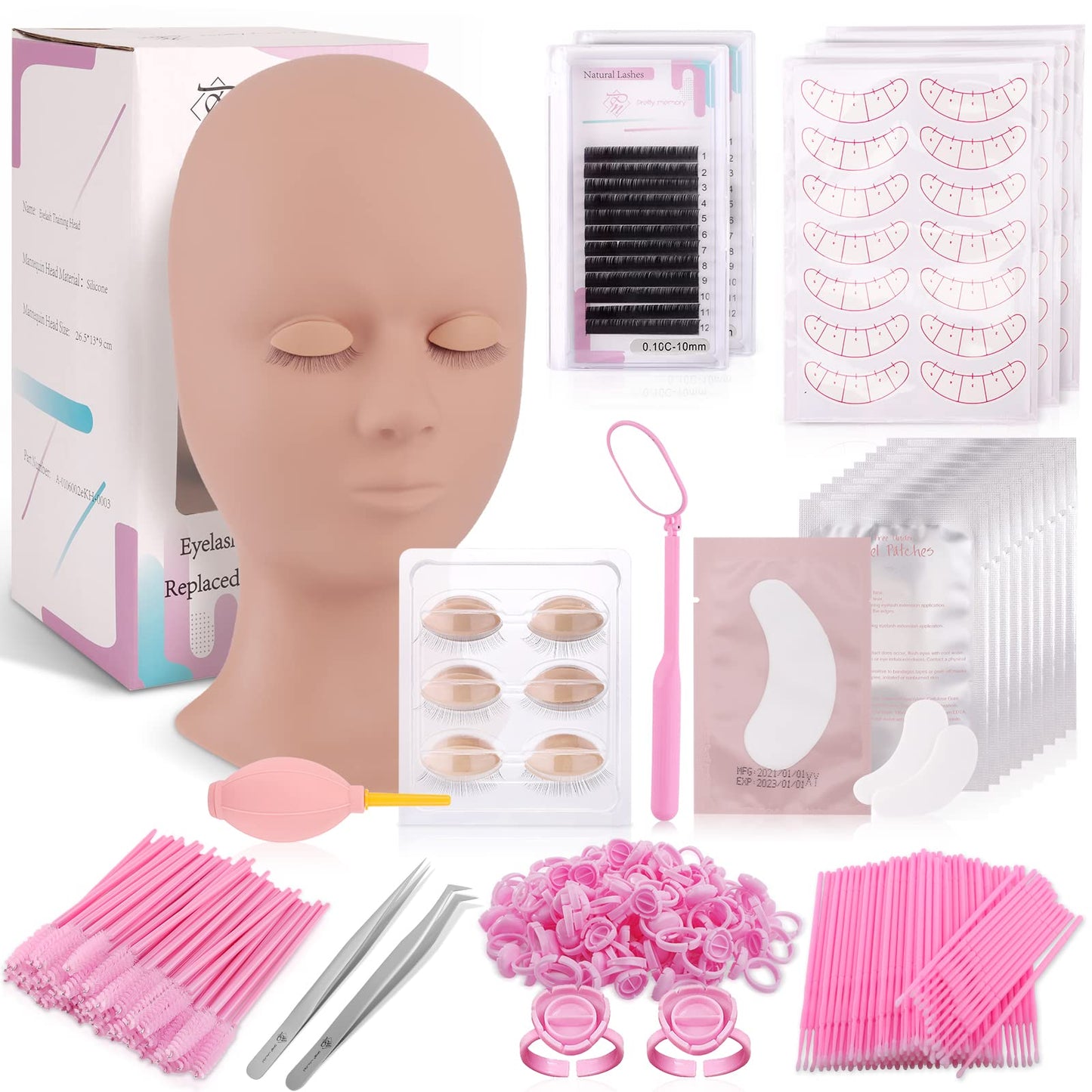 Pretty memory Eyelash Extension Kit for Beginners, Lash Extension Training Kit with Silicone Mannequin Head Removable Eyelids for Makeup and Eyelash