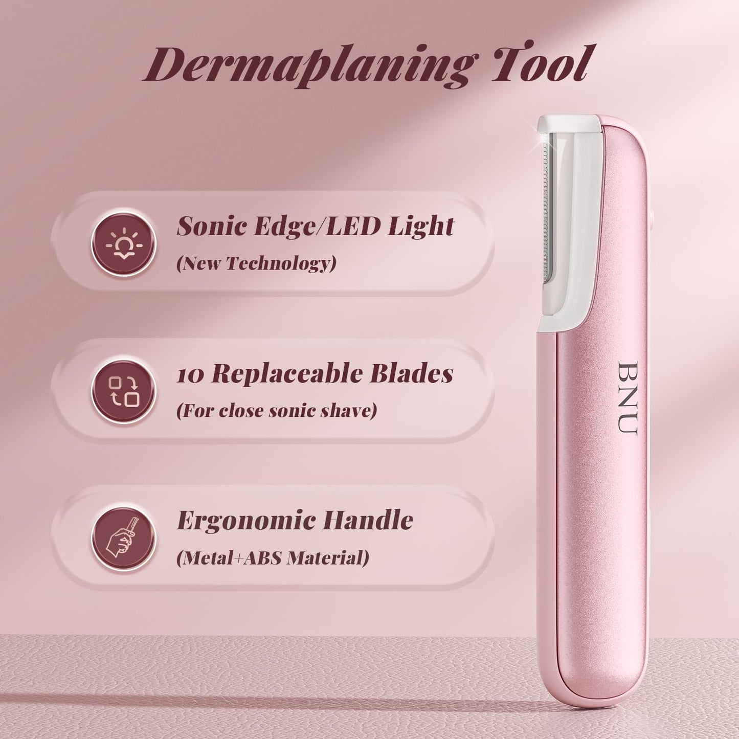 Dermaplane Razor for Women Face, BNU Facial Hair Remover for Anti-Aging, Rechargeable, LED Light, Sonic Edges, 3 Speeds, Ergonomic Handle Face Beauty and Personal Care BNU