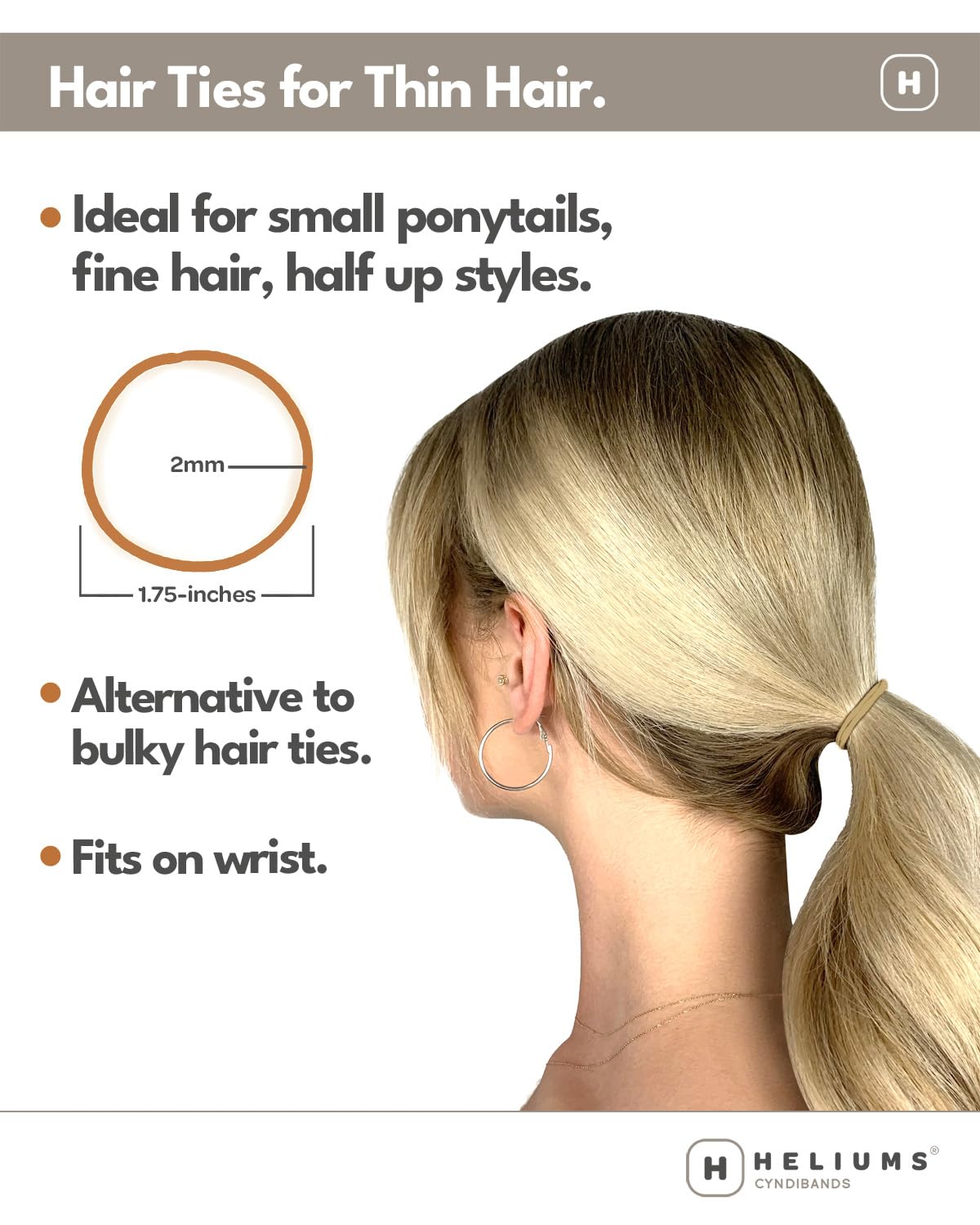 Heliums Thin Hair Elastics - Beige Blonde - 2mm Hair Ties for Thin Hair, 1.75 Inch, Medium Hold No Damage Ponytail Holders - 40 Count