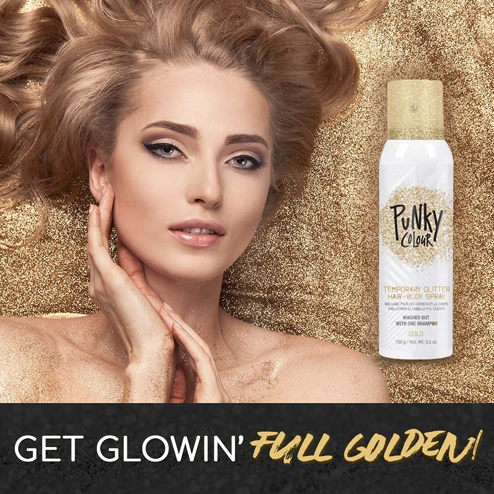 Punky Temporary Hair and Body Glitter Spray, Gold - Glitters Hairspray, Adds Shimmery Glow, Hair Glitter for Kids, Women, Men 3.5 oz