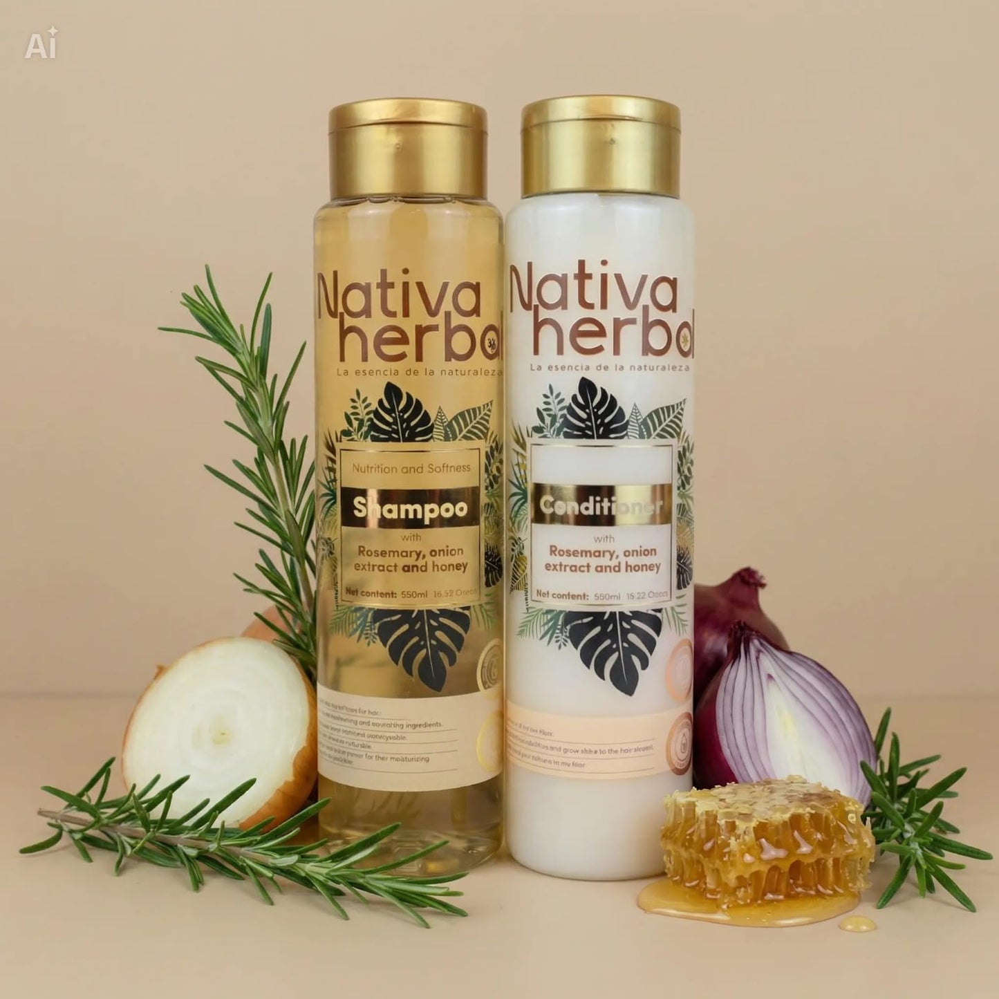 Nativa Herbal Rosemary and Onion Shampoo & Conditioner - Hair Growth and Anti Hair Loss Set, Organic 18.5 fl oz Each, Strengthens Roots, Restores