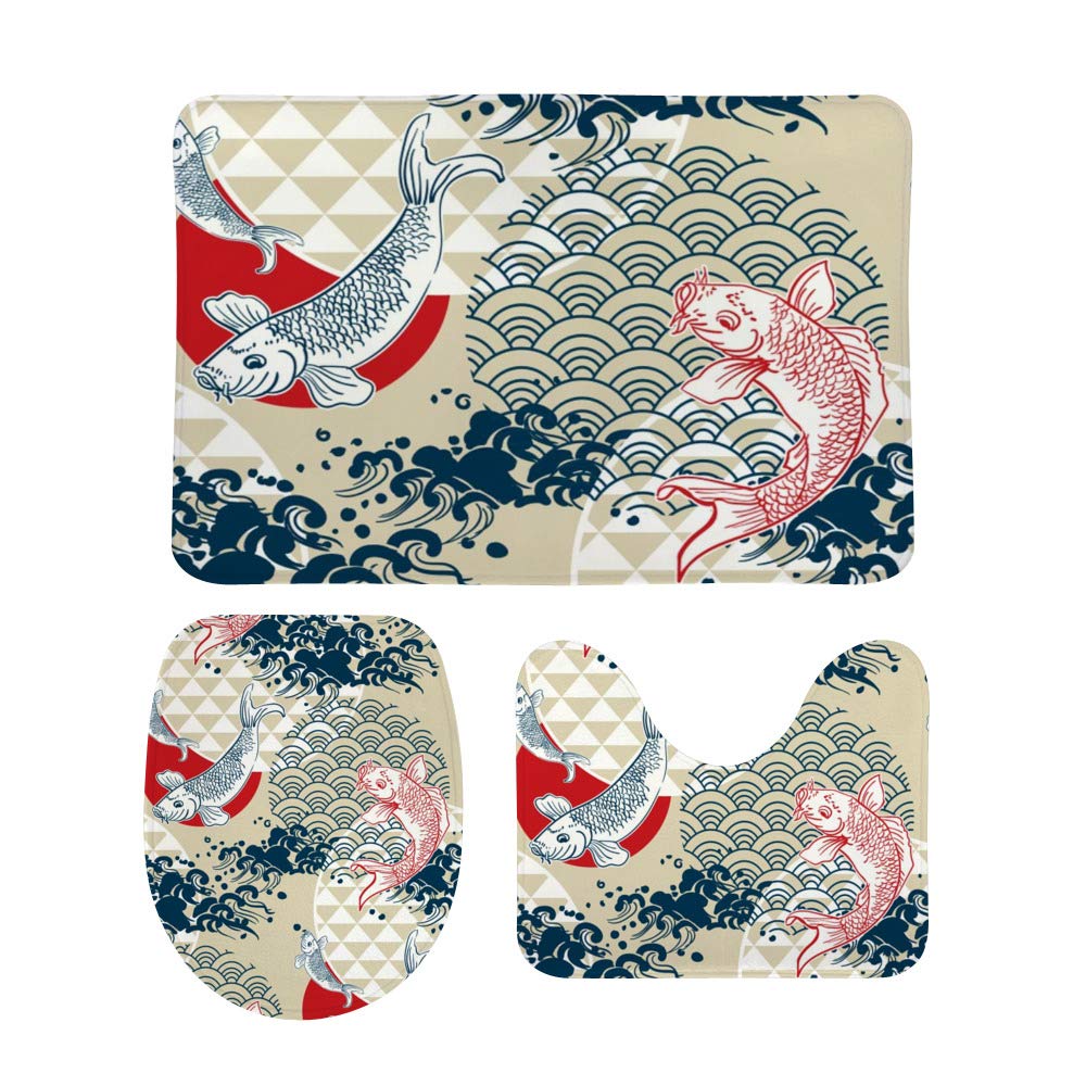 Kuizee Bath Rug Set 3 Piece Koi Fish Wave Water Circles Japanese Chinese Batroom Combination Non-Slip Mat U-Shaped Contour Rug O-Shaped Toilet Lid…
