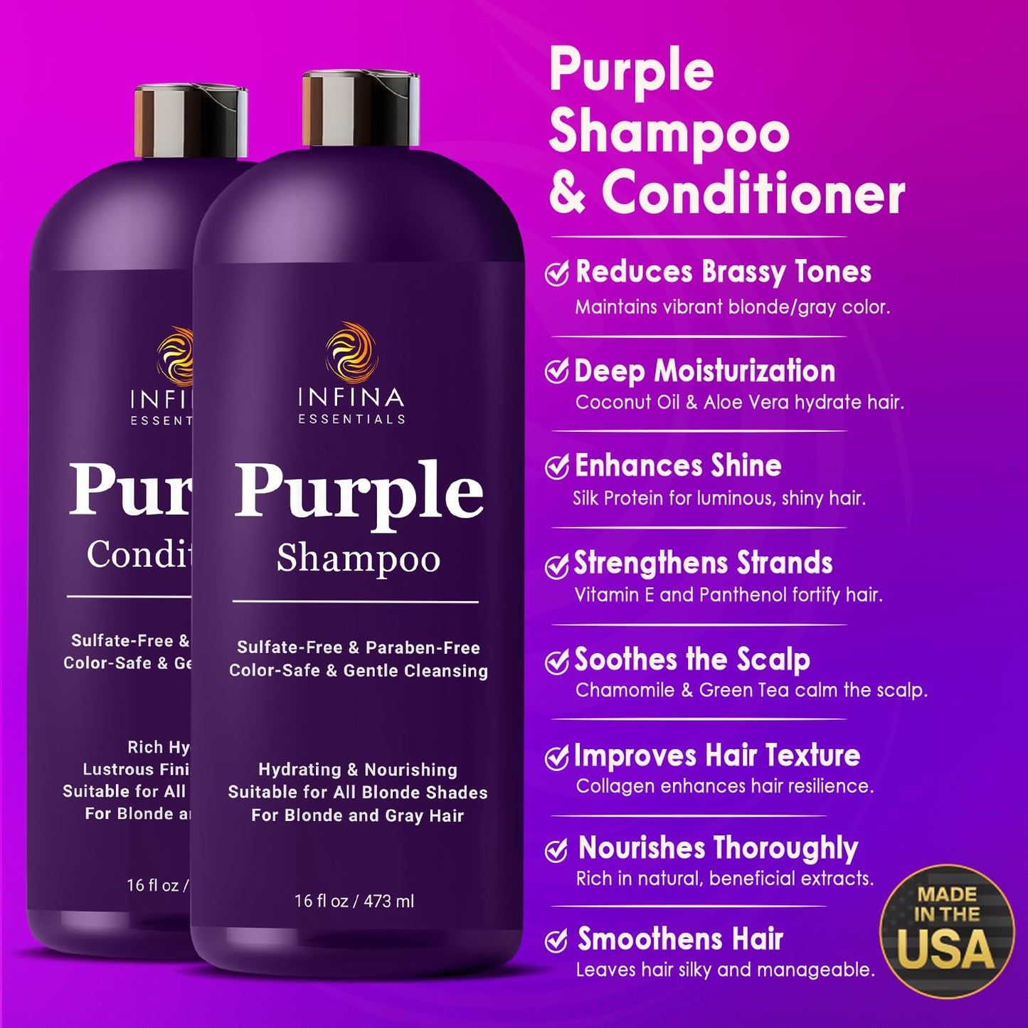 INFINA ESSENTIALS Purple Shampoo and Conditioner Set - Sulfate Free, Enriched with Coconut Oil & Aloe Vera, Ideal for Blonde, Gray, Brassy & Color