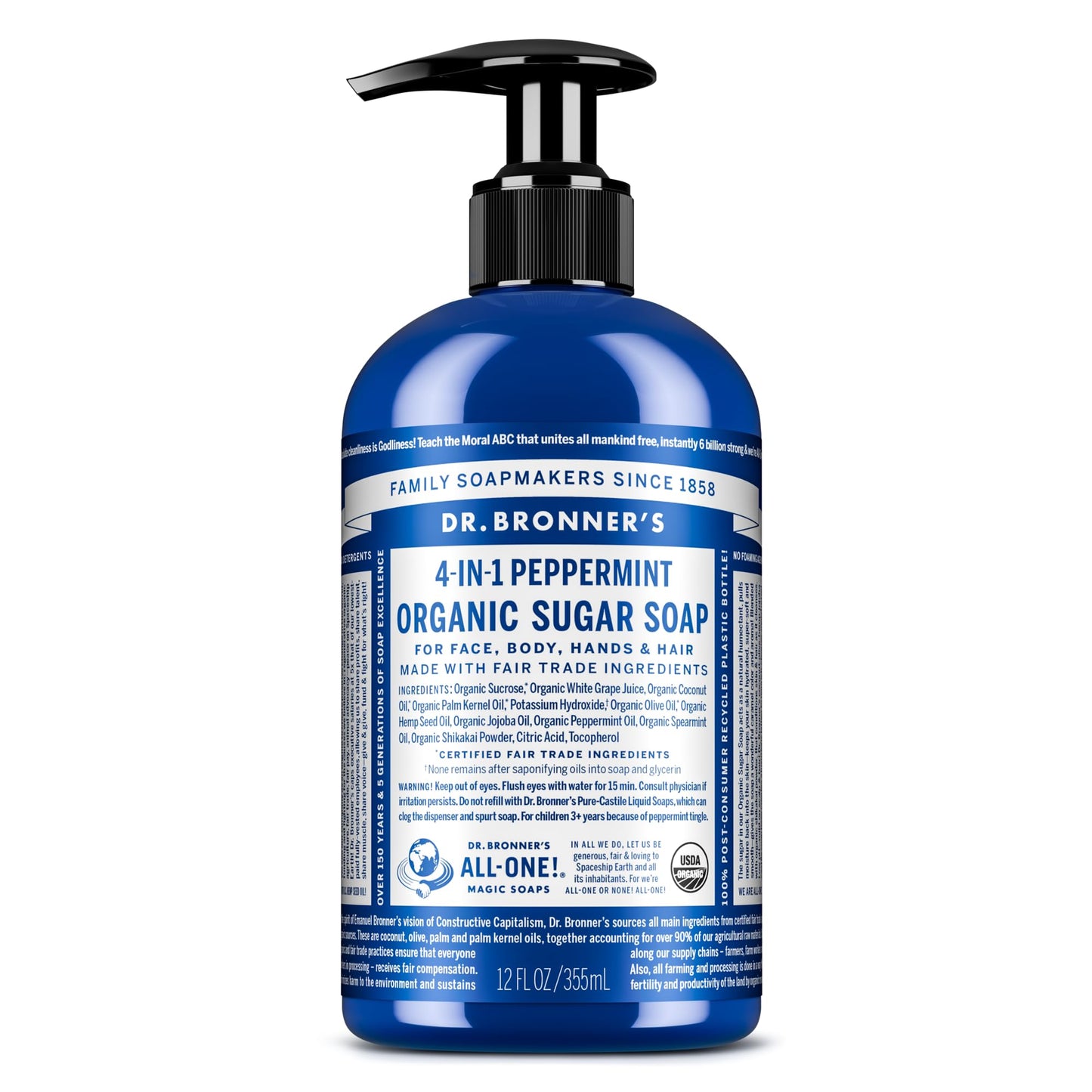 Dr. Bronner's - Organic Sugar Soap (Peppermint, 12 oz) - Made with Organic Oils, Sugar & Shikakai Powder, 4-in-1 Uses: Hands, Body, Face & Hair
