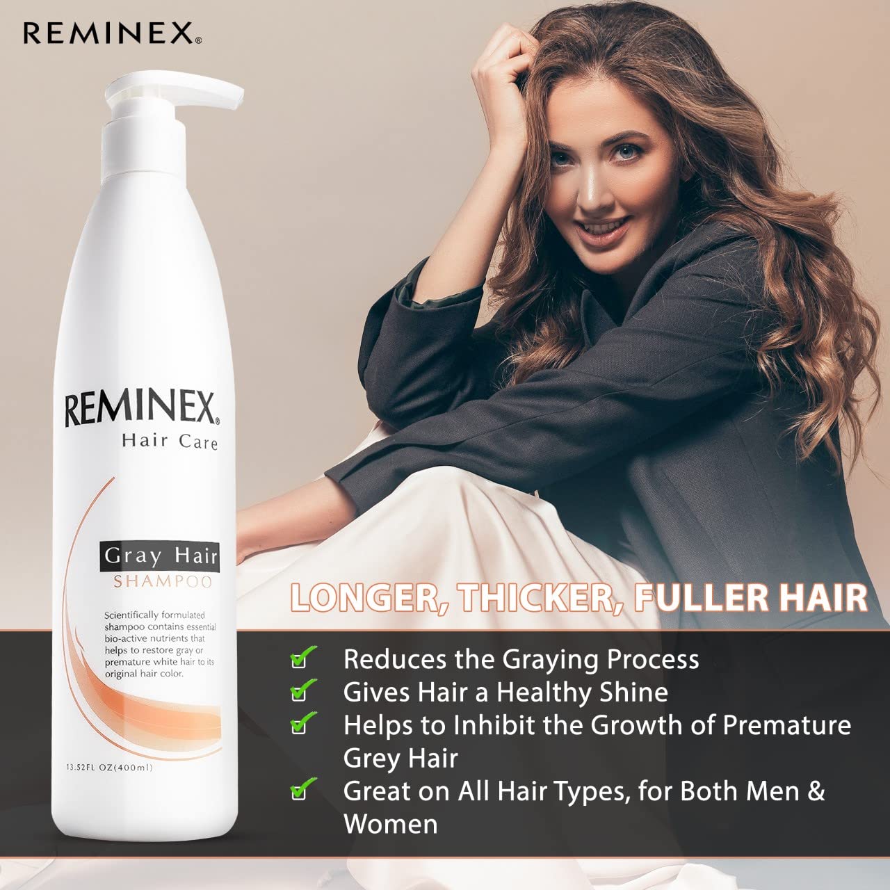 Reminex Anti Gray Hair Shampoo - Proprietary Treatment Infused with Argan Oil To Help Restore Gray And White Hair To Its Natural Color - 13.5 Oz No