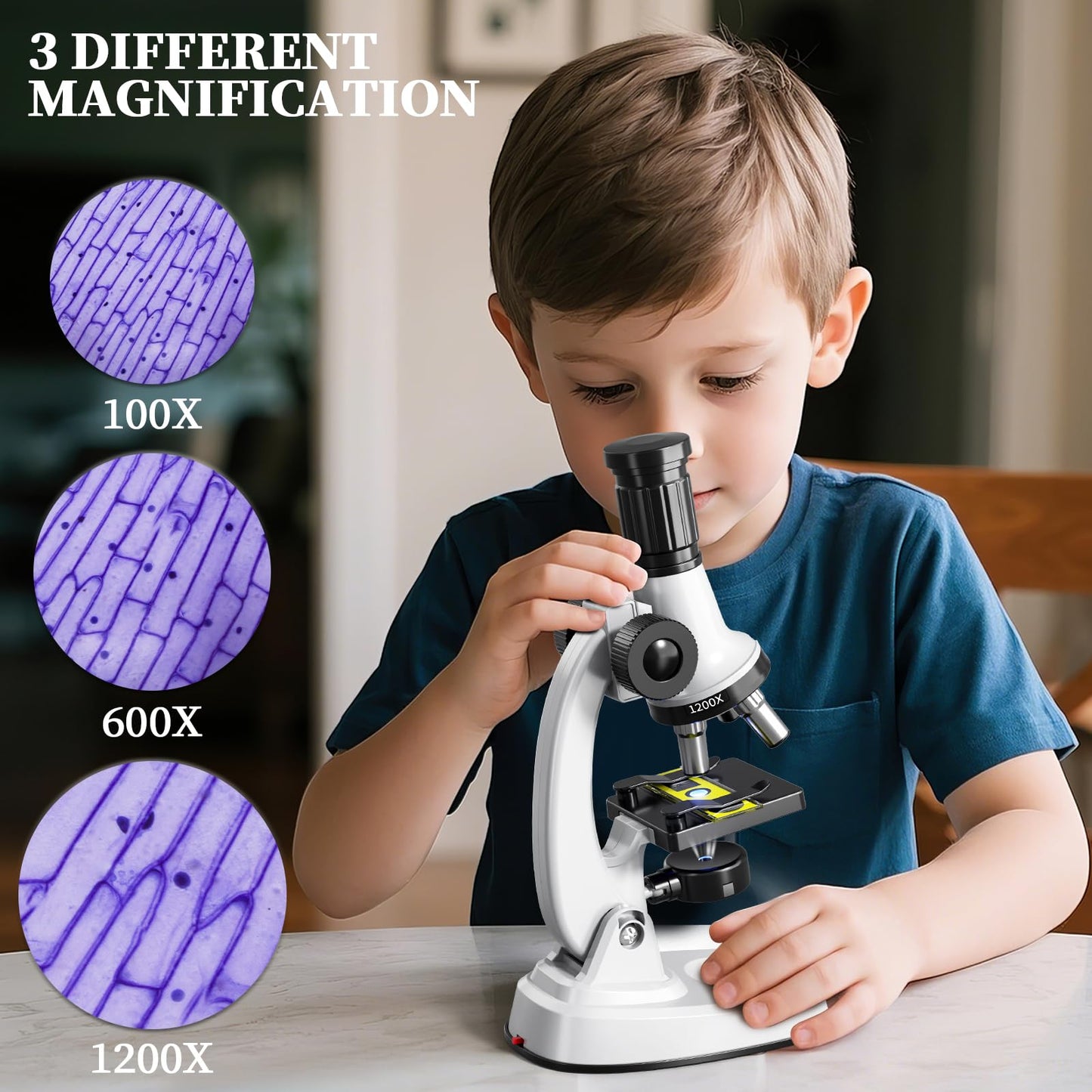 Novaluki 65PCS Kids Microscope Kit – 100x-1200x Magnification with 7 LED Colors & 12 Slides, STEM Science Set for Boys & Girls Ages 5–12