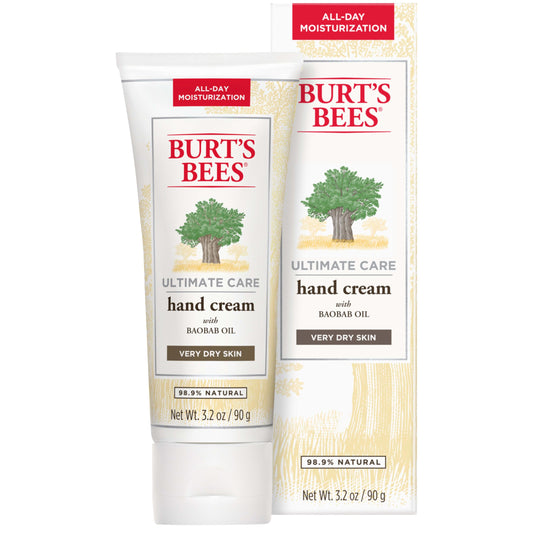 Burt's Bees Hand Cream for Dry Skin, Unscented Natural Lotion with Baobab Oil, Ultimate Care Moisturizer, 3.2 oz