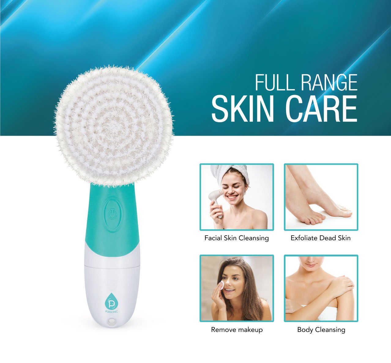 Pursonic Advanced Facial and Body Cleansing Brush, Includes Facial Brush, Body Brush, Pumice Stone and Sponge Brush (Aqua) Beauty and Personal Care PURSONIC