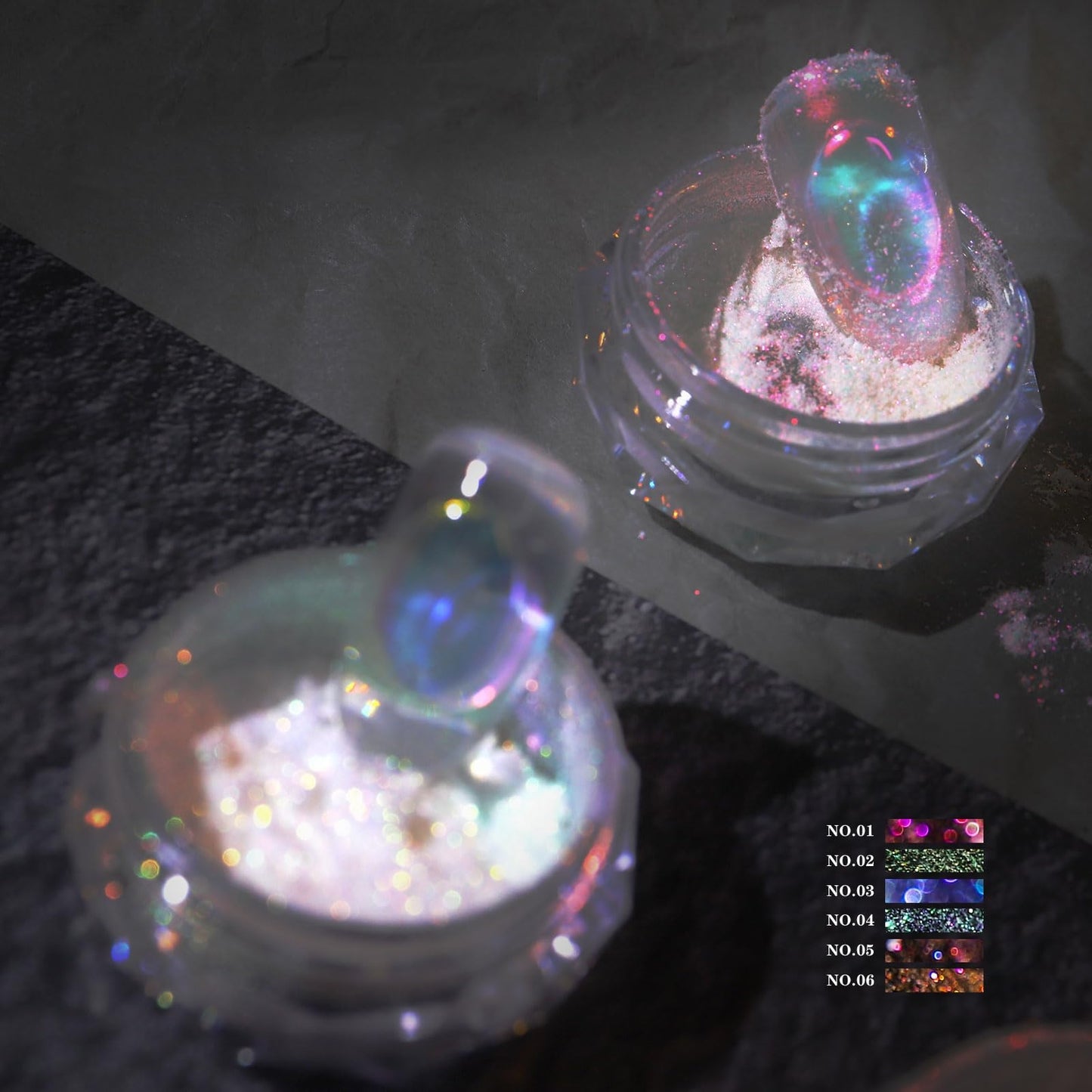 Ice Transparent Aurora Nail Powder Neon Rainbow Holographic Chameleon Powder Multi Chrome Iridescent Pigment Pearlescent Nail Art Glitters (6 Boxes