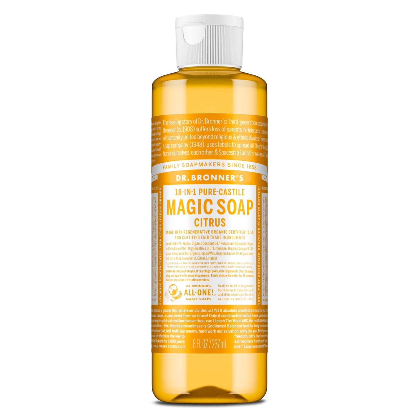 Dr. Bronner's Pure-Castile Magic Soap Liquid (Citrus, 8 Ounce) - Made with Regenerative Organic Certified Oils, 18-in-1 Uses: Face, Body, Hair
