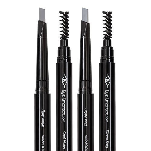 Eye Embrace Light Gray Eyebrow Pencils: Warm Betty & Cool Helen 2 Pack Bundle - Waterproof, Double-Ended Automatic Angled Tip & Spoolie Brush
