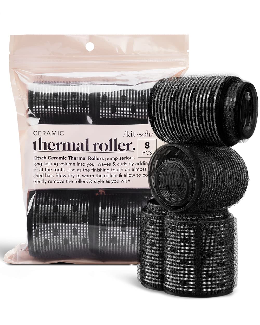 Kitsch Ceramic Thermal Hair Rollers – Self Grip Curlers for Volume & Blowout Look – 8pcs, Easy to Use, Black