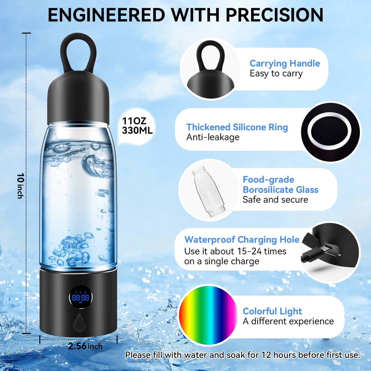 Hydrogen Water Bottle with Three Modes Produces 5000 PPB of Hydrogen Water in 8 Minutes,Made of Aluminium and Glass,with Colorful Light,Rechargeable