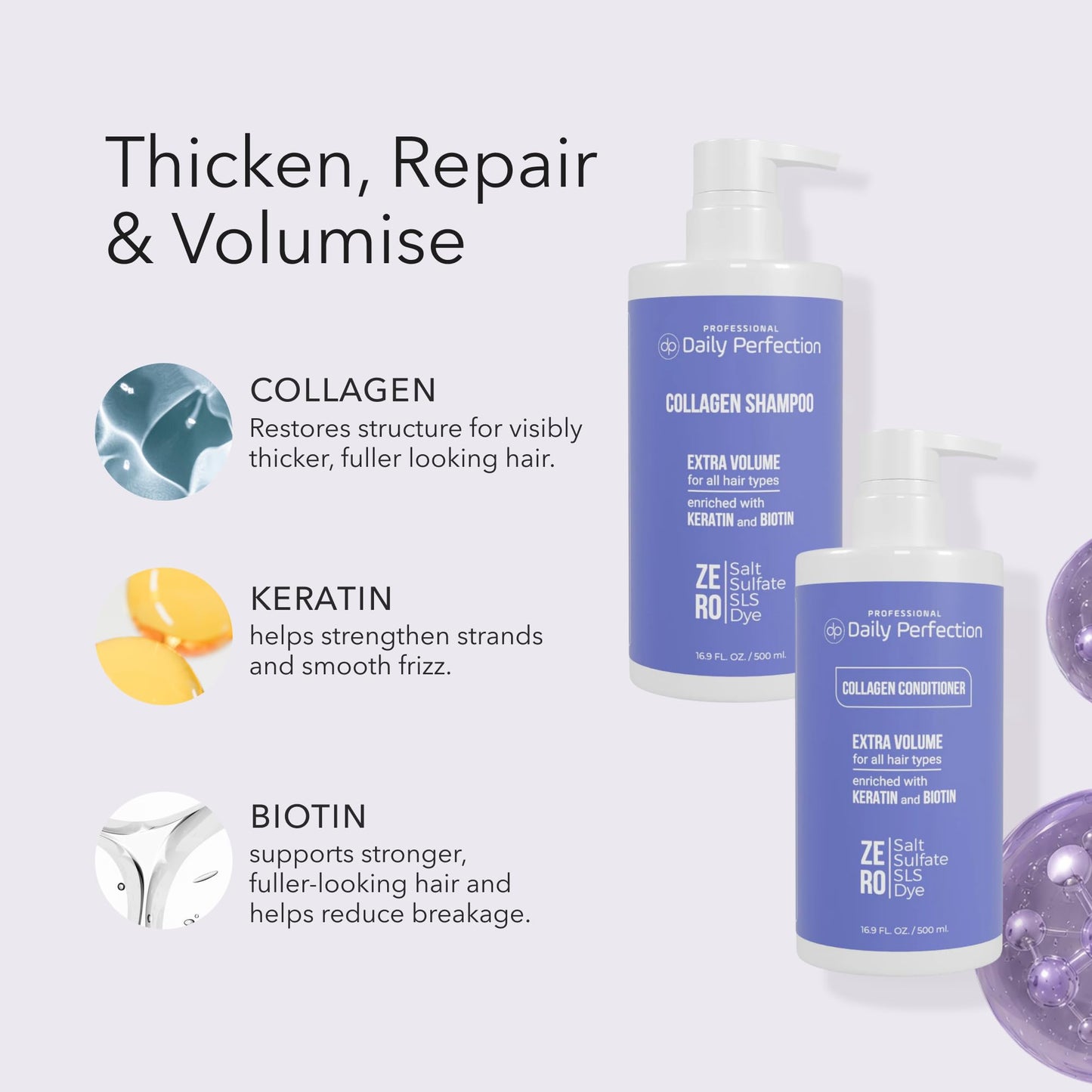 Daily Perfection Collagen Shampoo and Conditioner Set - Extra Volume Hair Care Duo with Biotin and Keratin for All Hair Types - Salt, Sulfate