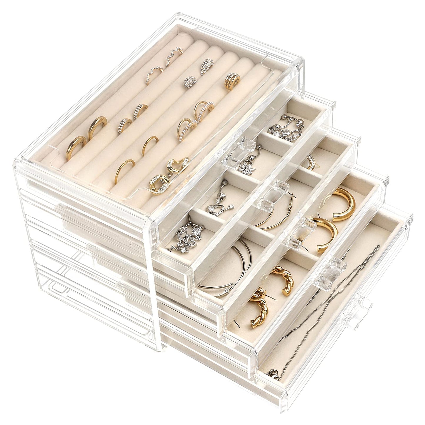UYBeauty Acrylic Jewelry Box with 5 Drawers,Velvet Jewellery Organizer,Jewelry Storage Case for Earring Necklace,Ring Organizer Storage…