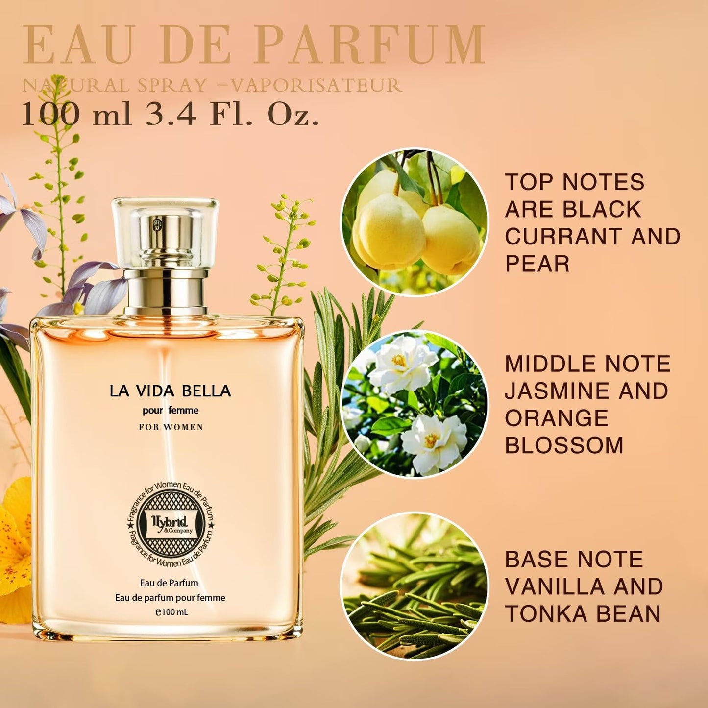 Hybrid & Company La Vida Bella Fragrance for Women Eau De Parfum Natural Spray Elegant Scent, 3.4 Fl Oz