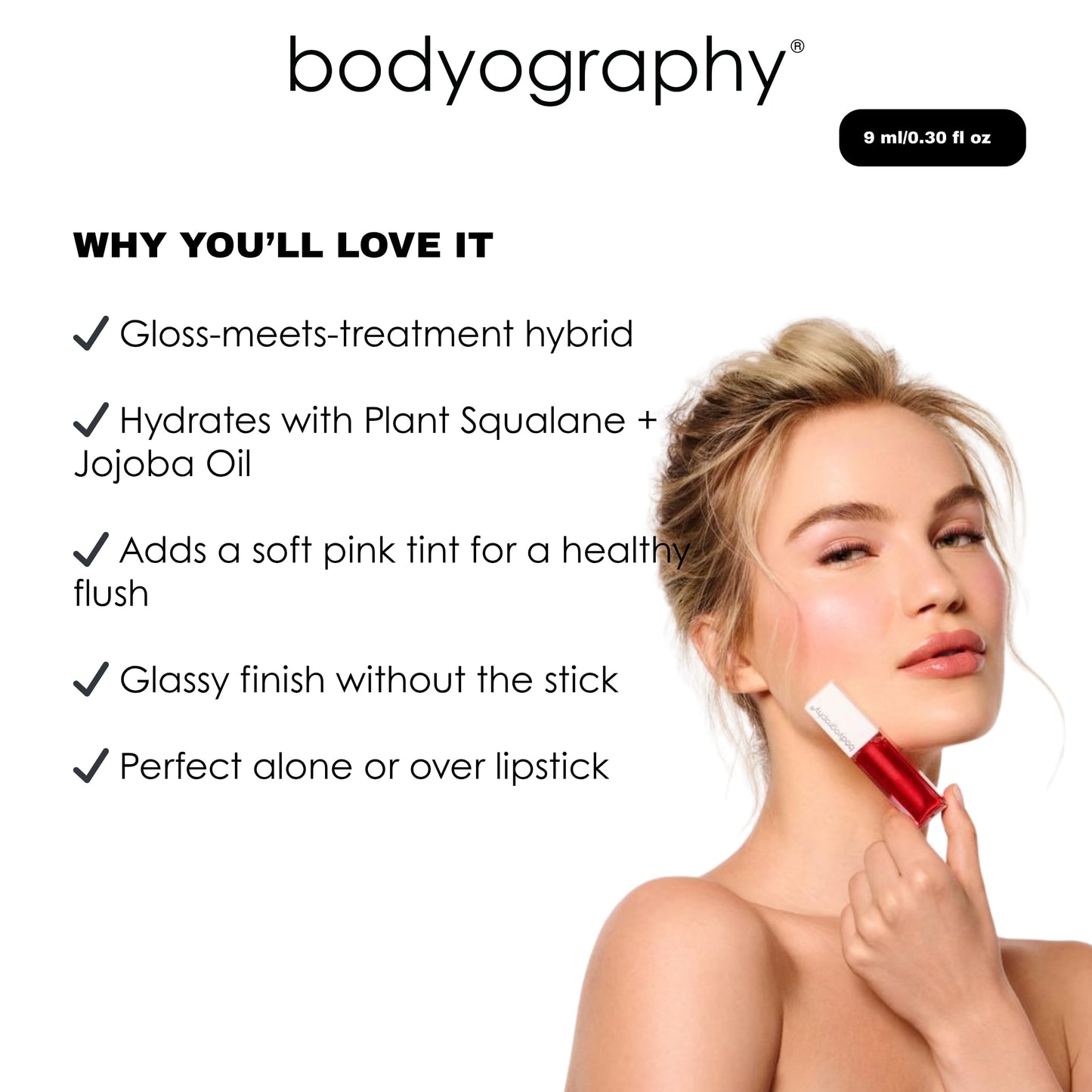 Bodyography Glossy Lip Oil with Plant Squalane & Jojoba | Hydrating Pink Tint Lip Gloss for All Skin Tones | Non-Sticky Vegan Lip Moisturizer with