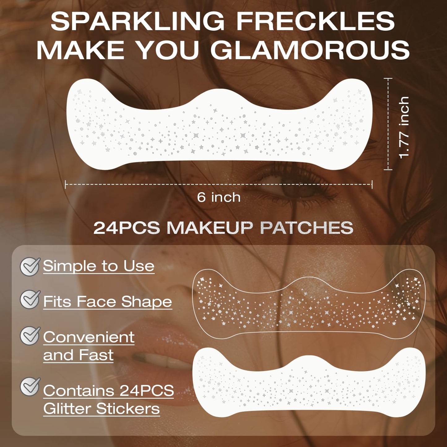 Leterly 24 Pcs Glitter Freckles Face Tattoo,Silver Face Glitter Makeup Patches Cute Sparkle Freckles Patches Waterproof Makeup Speckles for Face